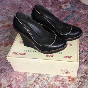 True Religion black leather wedges